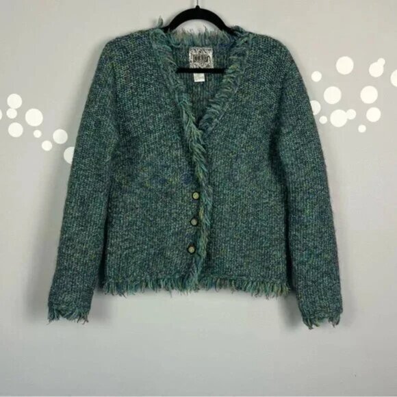 Curio Fringe Knit Cardigan Sweater Size L Wool Blend Blue Green Boho Layer - Picture 1 of 7